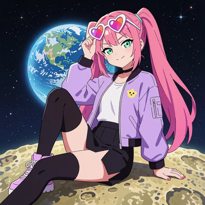Oneechan in heart sunglasses relaxing on the moon