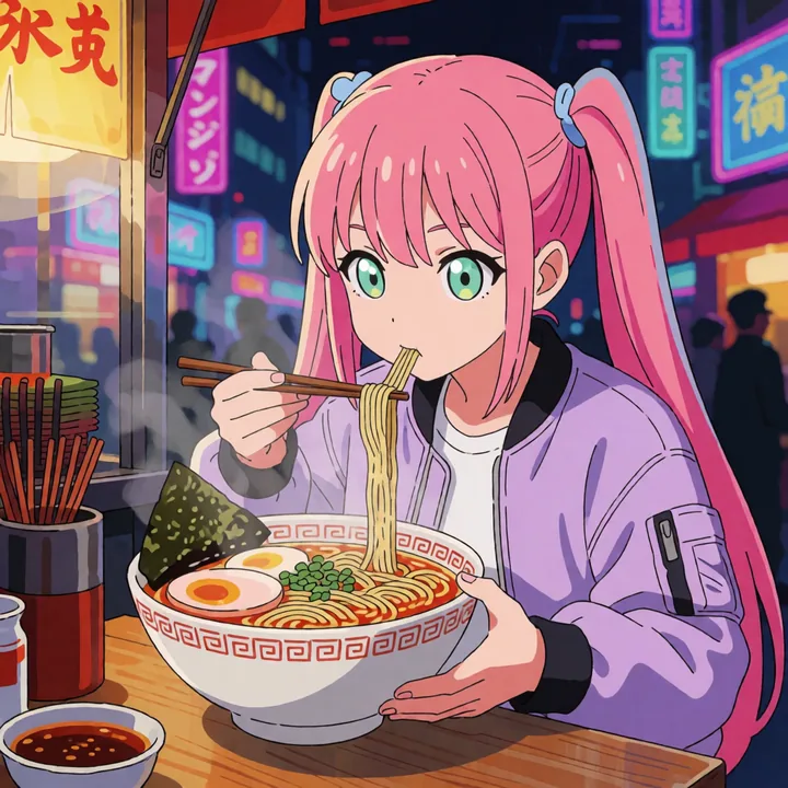 Oneechan slurping ramen at a night food stall