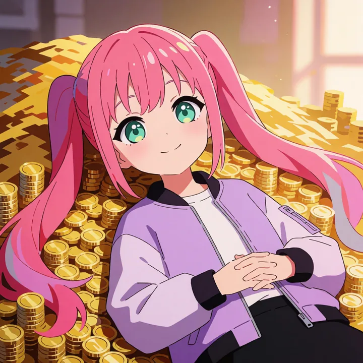 Oneechan asleep on a pile of gold coins